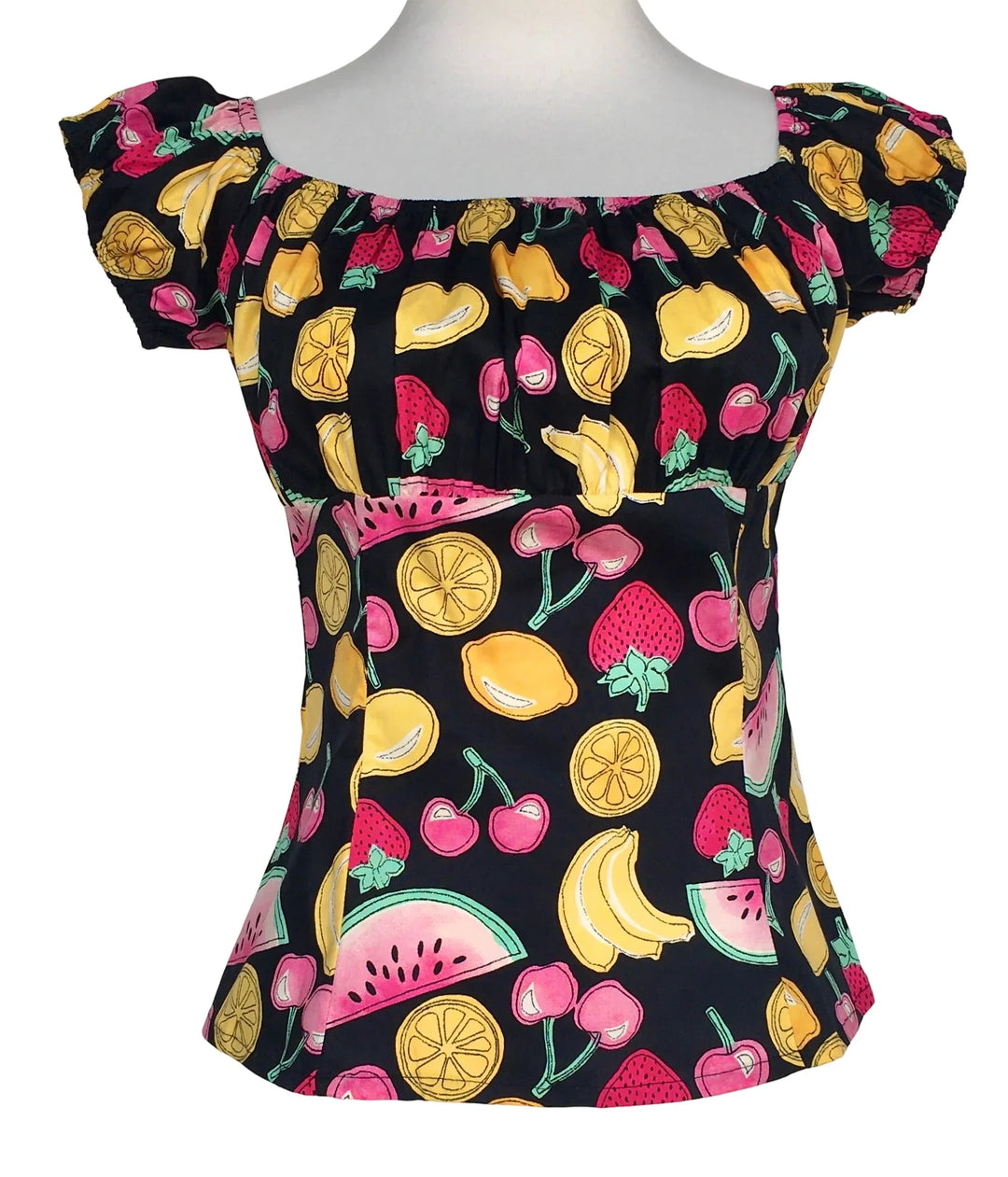 Tutti Frutti fruit print peasant top worn on the shoulder vintage inspired blouse
