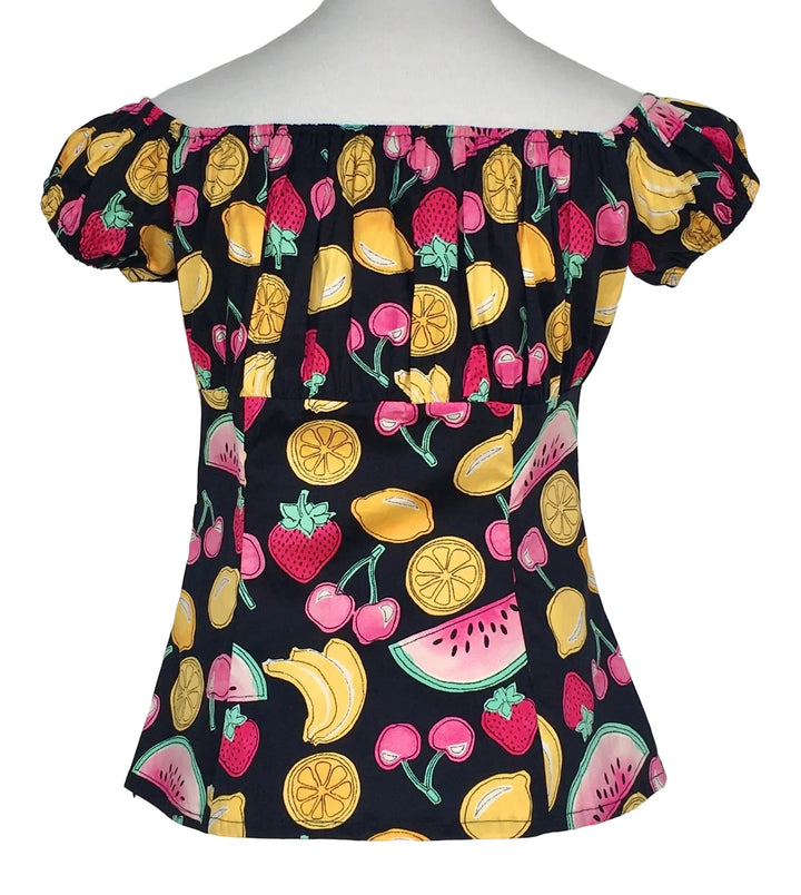 Vintage rockabilly peasant top featuring Tutti Frutti fruit print and ruched bust