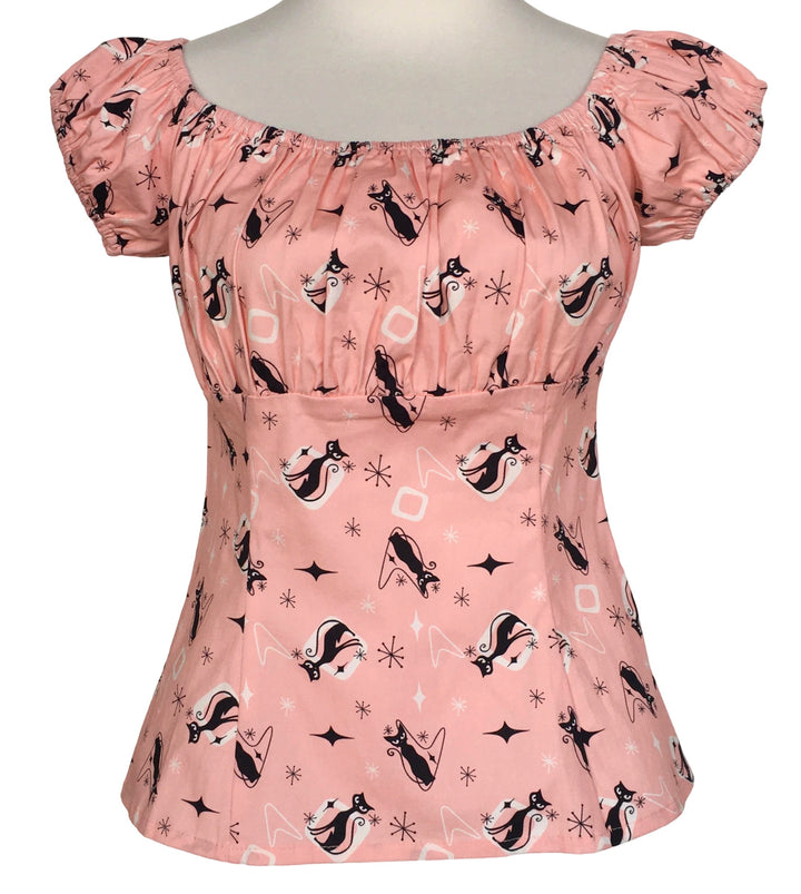 Pink Retro Kitty Peasant Style Top