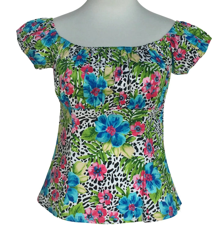 Close up of tropical floral leopard print fabric ruched bust vintage peasant top