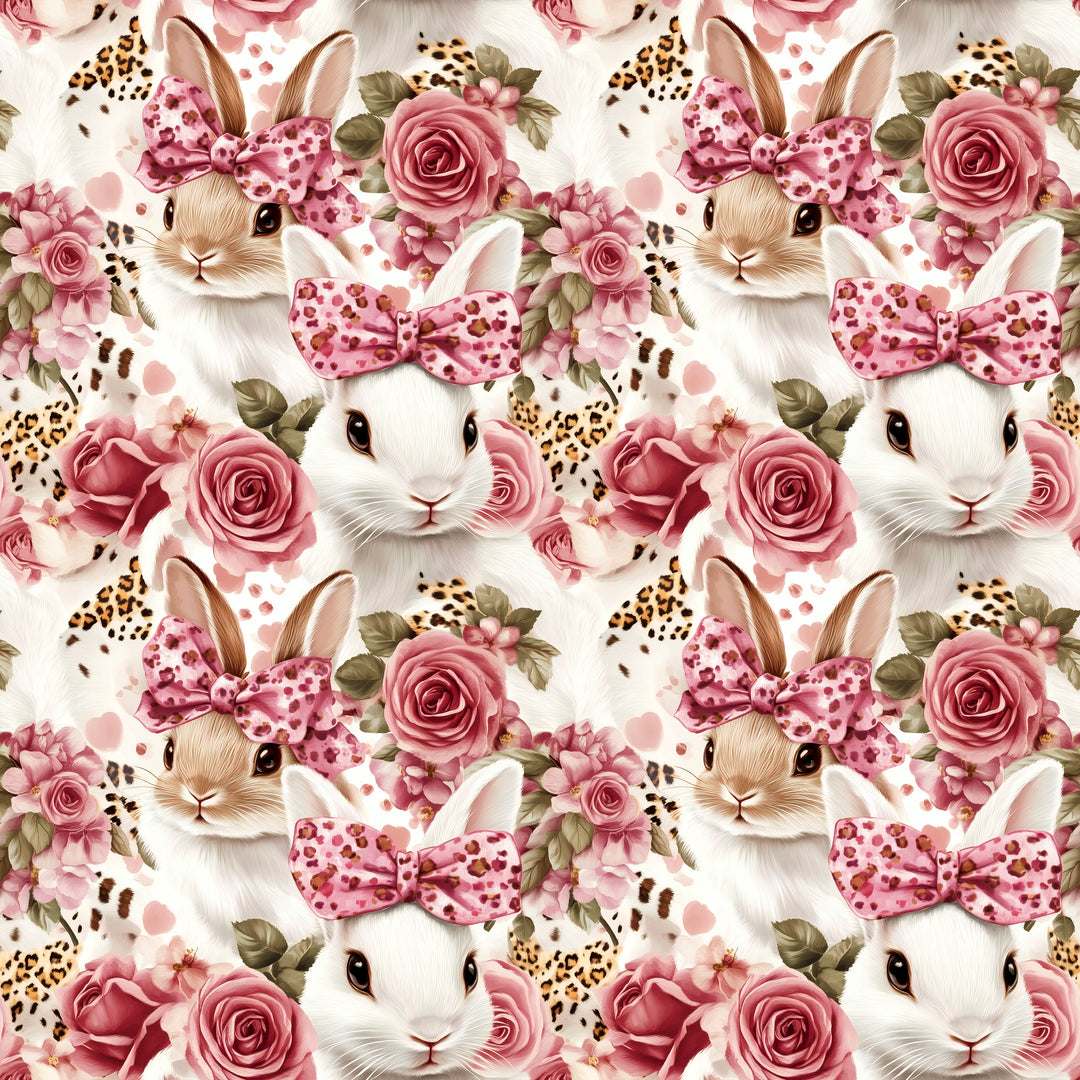 White rabbit and pink rose pattern