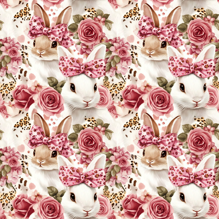 White rabbit and pink rose pattern