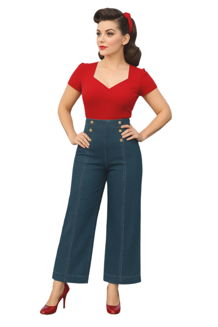 Vintage Wide-Leg Jeans – High Waist, Elastic Back, Button-Up Front