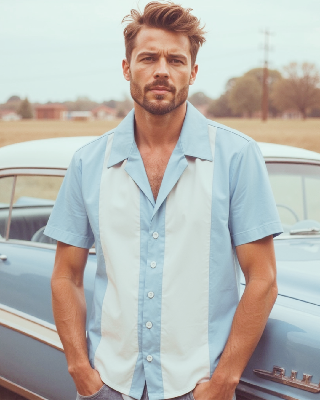 Mens Vintage Style Bowling Dress Shirt - Pale Blue White Panels