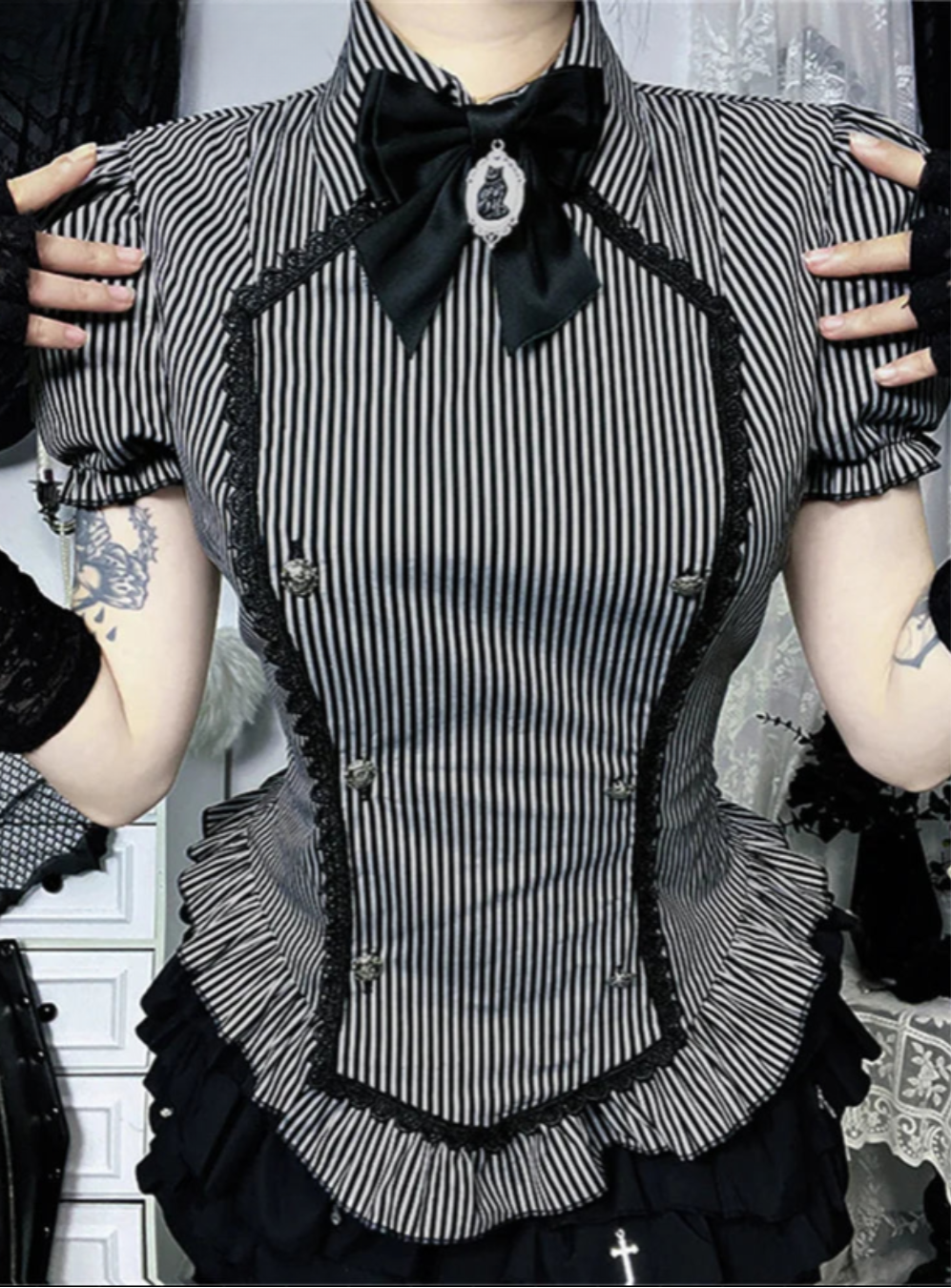 Striped Gothic Lace Trim Blouse