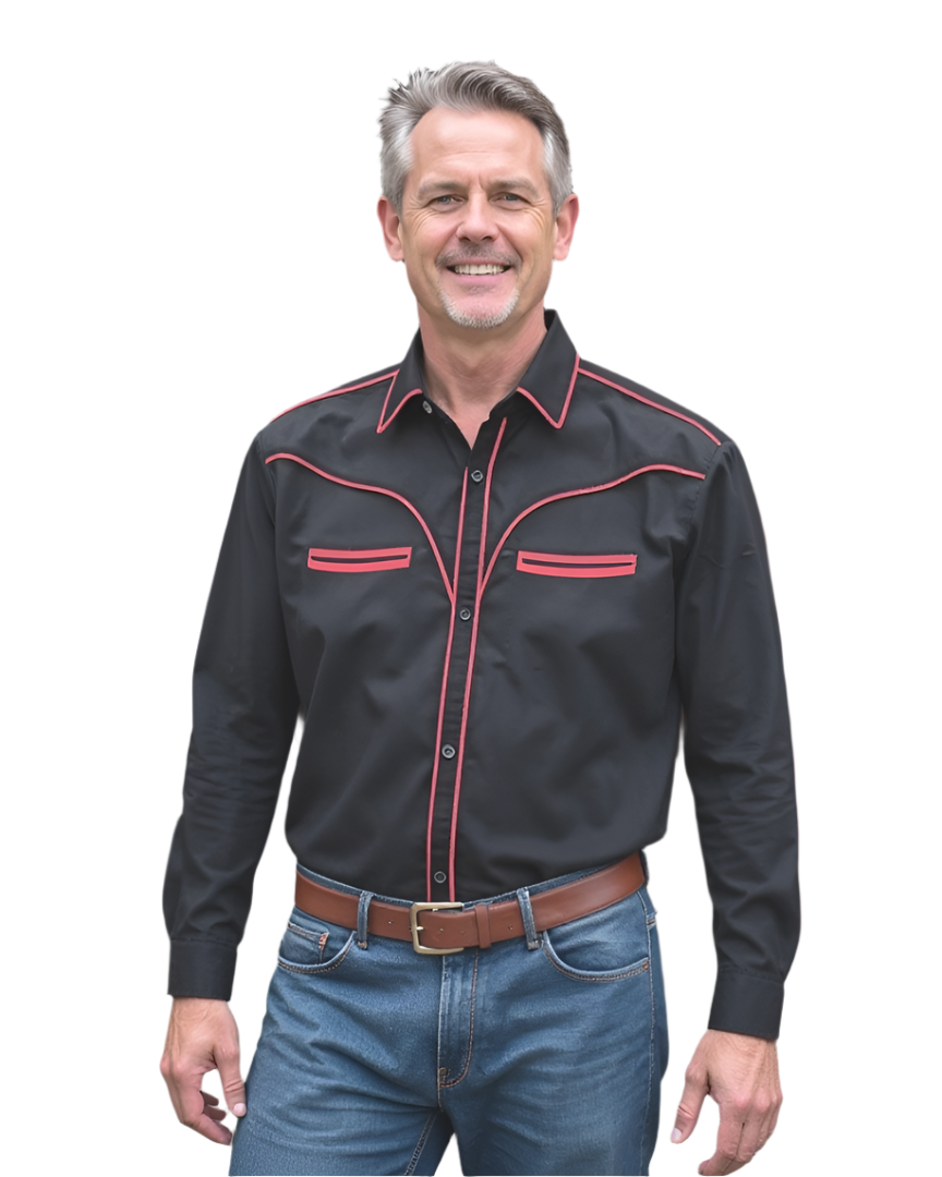 Men's vintage black western shirt with red piping, perfect for casual or night outings.