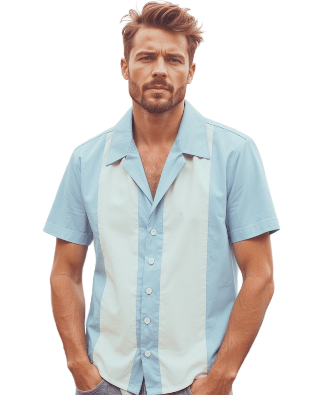 Mens Vintage Style Bowling Dress Shirt - Pale Blue White Panels