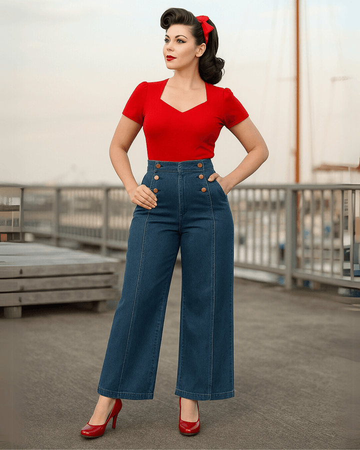 Vintage Wide-Leg Jeans – High Waist, Elastic Back, Button-Up Front