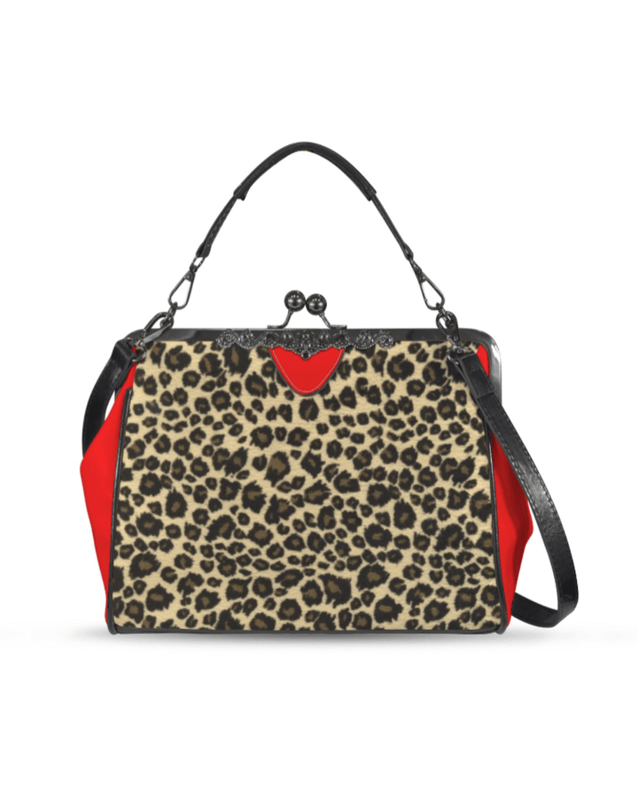 Kisslock vintage handbag purse in leopard print with red and black accents, perfect for retro fashion lovers.