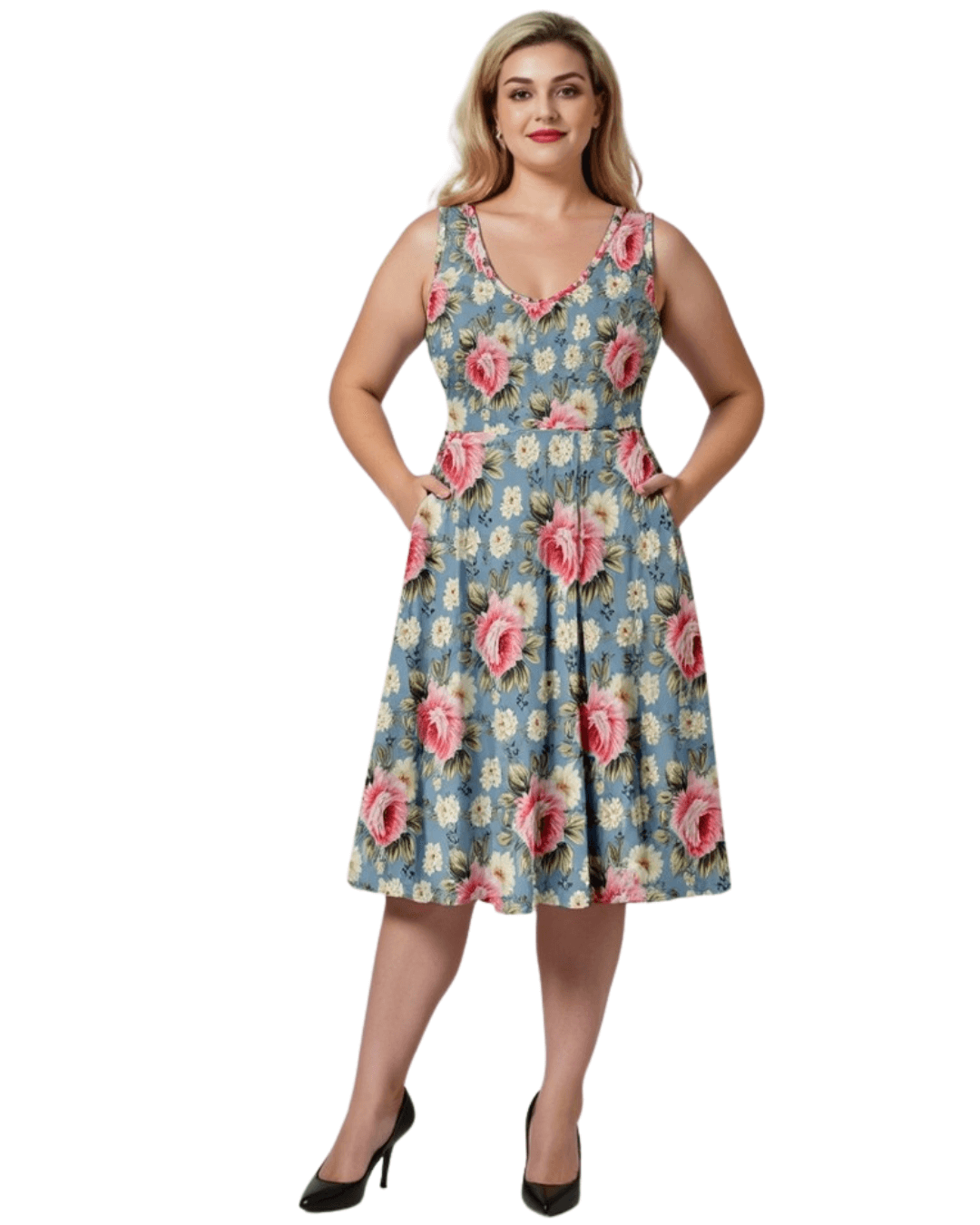 Model wearing Vintage Roses V-Neck Skater Dress with pockets in blue floral print, showcasing effortless chic style.