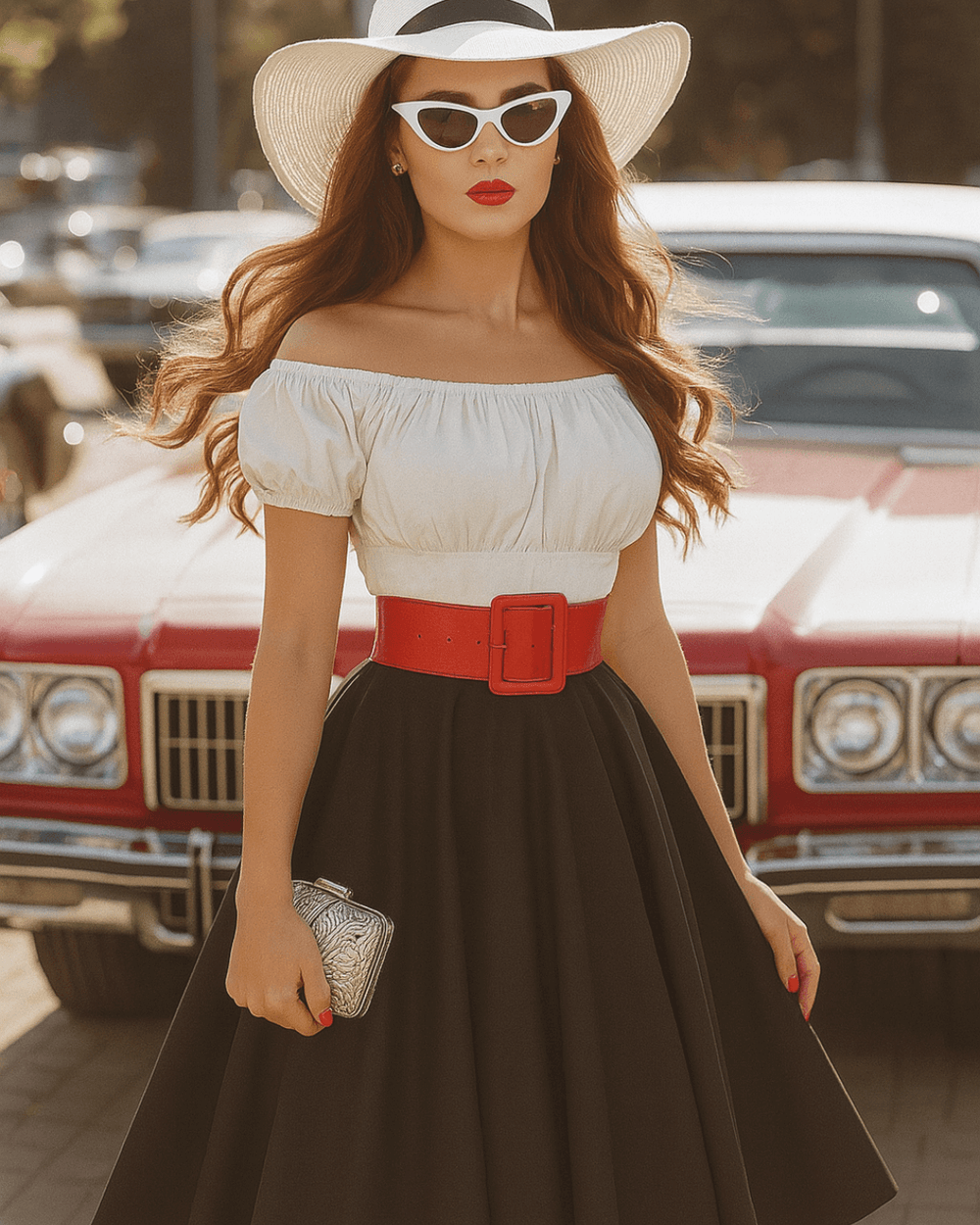 Model wearing a stylish white peasant top paired with a black skirt and red belt, set against a vintage car backdrop.