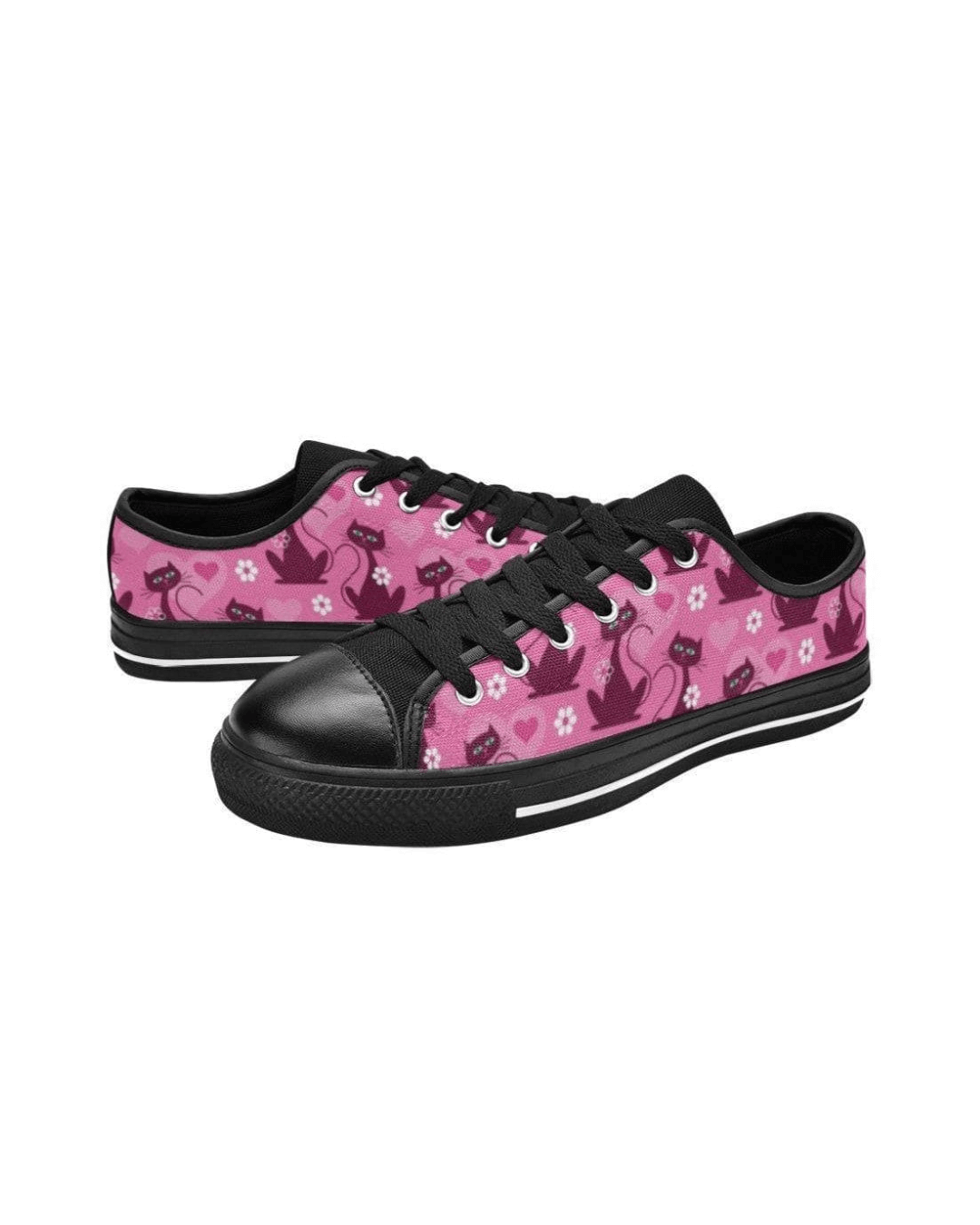 LOVECATS Retro Style Sneakers with pink cat pattern and black accents, featuring lace-up closure and comfortable design.