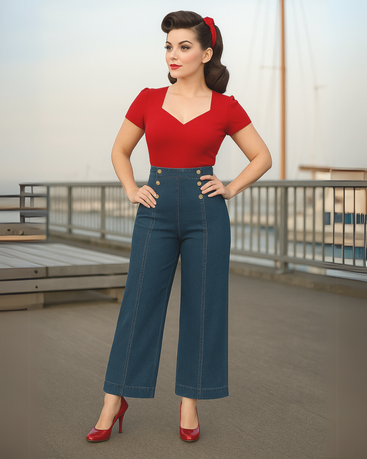 Vintage Wide-Leg Jeans – High Waist, Elastic Back, Button-Up Front