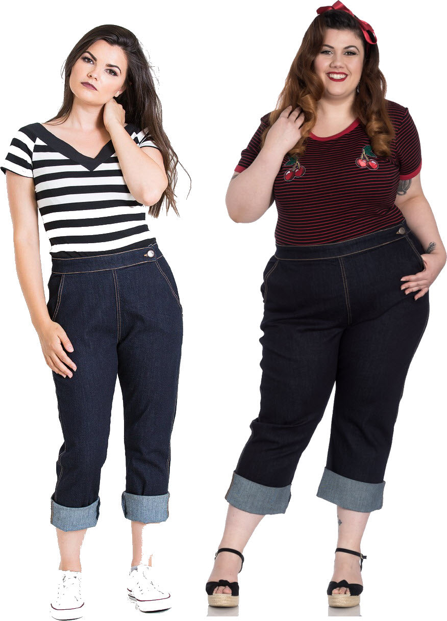 Hell Bunny denim capris high waisted vintage cropped jeans cuffed retro capri pants