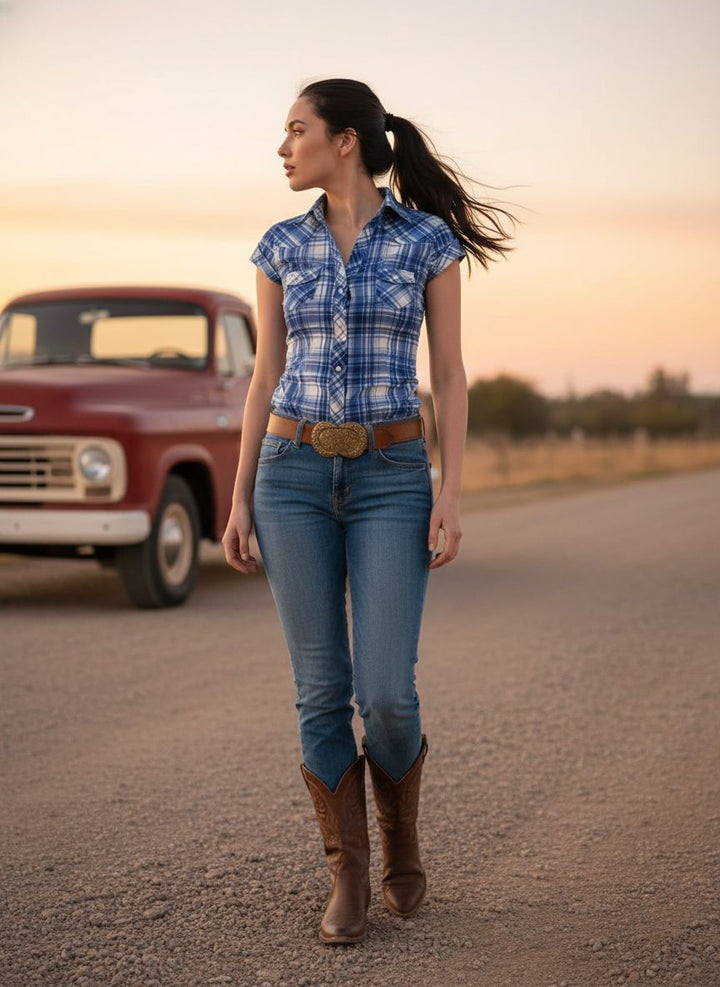 Western Blue Plaid Fitted Blouse