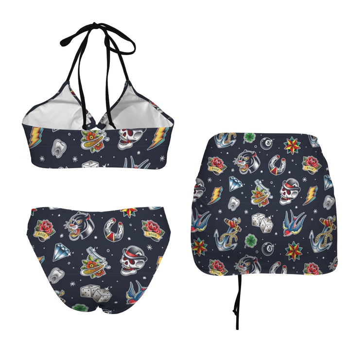 Old School Tattoo Retro Bikini Set with Skirt