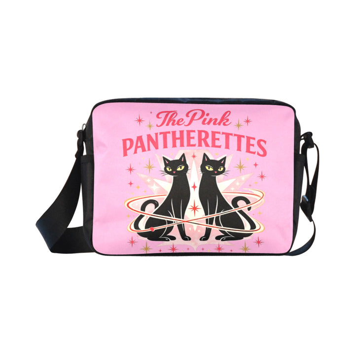 Pink crossbody bag featuring twin black cats with atomic starburst design and The Pink Pantherettes text