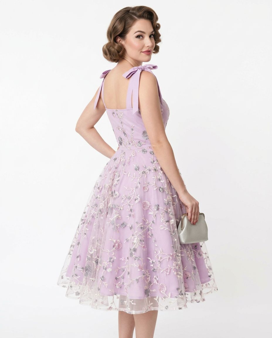 Woman wearing a lavender floral dress on a white background