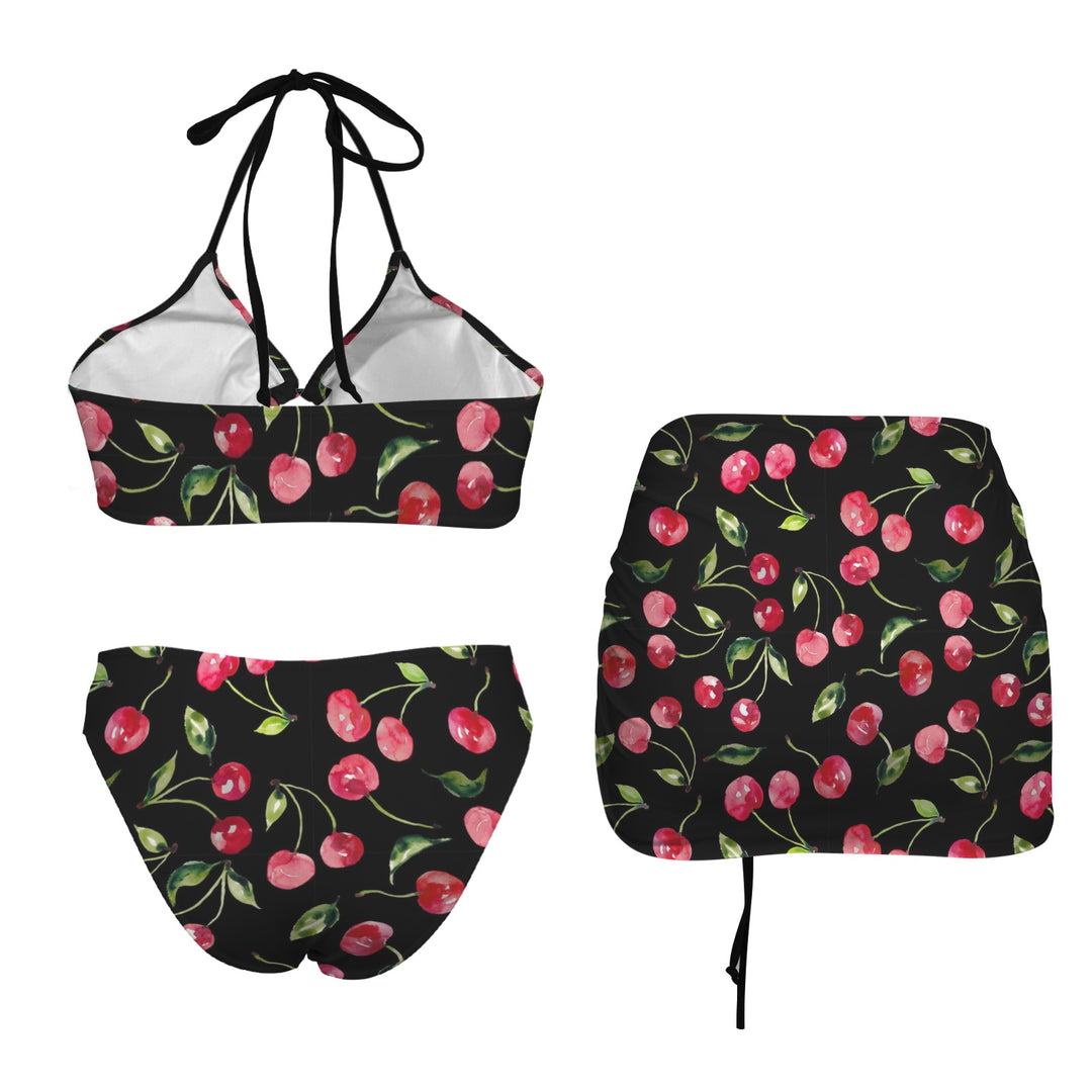 Black Cherries Retro Bikini Set with Skirt