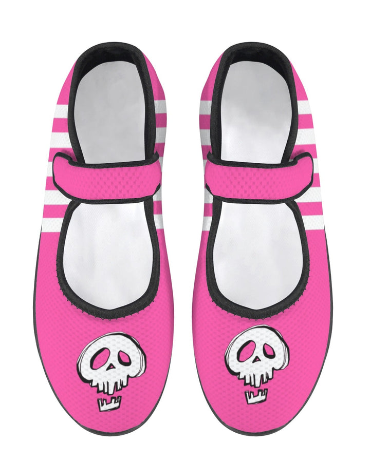 Pink Riot Mary Jane comfort shoes with pink skull print and stripes, wide fit and Velcro strap