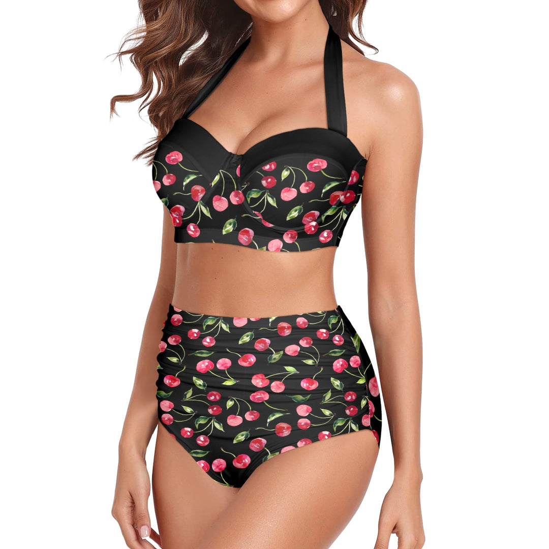Cherry Bomb Black High-Waisted Bikini