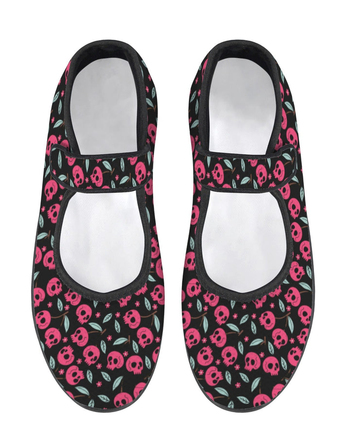 Cherry Skulls Mary Jane comfort shoes with skull and cherry print, lightweight wide-fit design