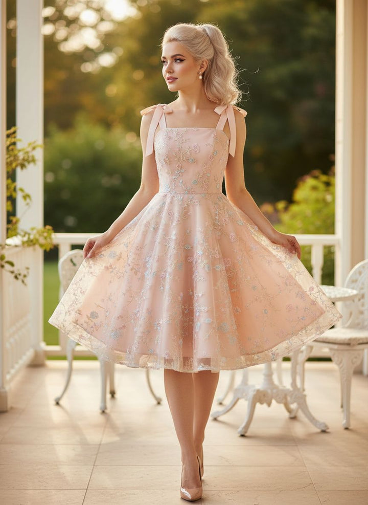 Peach Lace Embroidered Short Cocktail Dress
