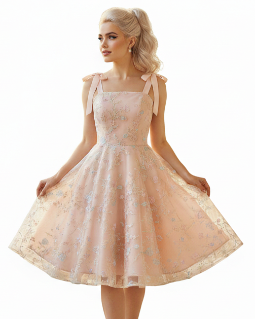 Blush pink vintage-style women’s fit and flare dress with floral lace overlay and bow shoulder straps
