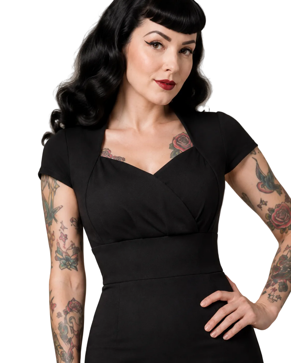 Liquorbrand black wiggle dress close up shot with crossover bodice, short sleeves and fitted retro pencil skirt