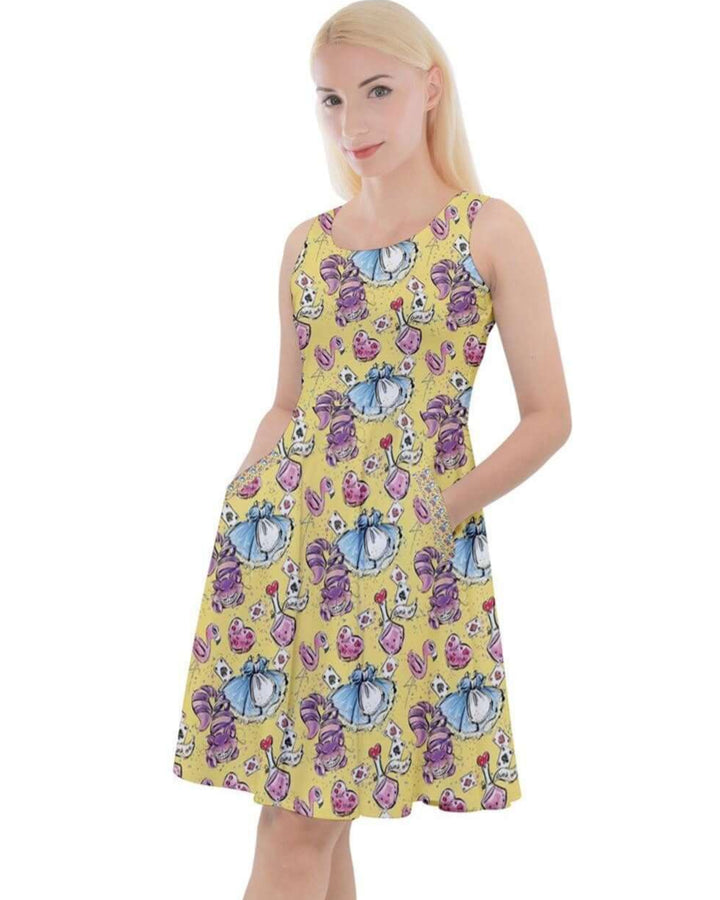 Alice in Wonderland Knee Length Skater Dress With Pockets