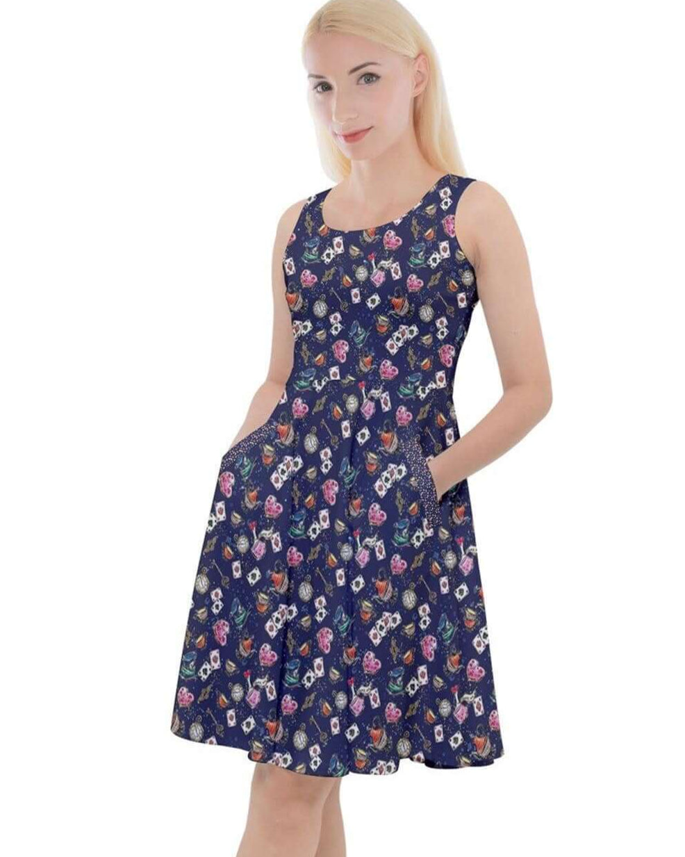 Alice in Wonderland Knee Length Skater Dress With Pockets