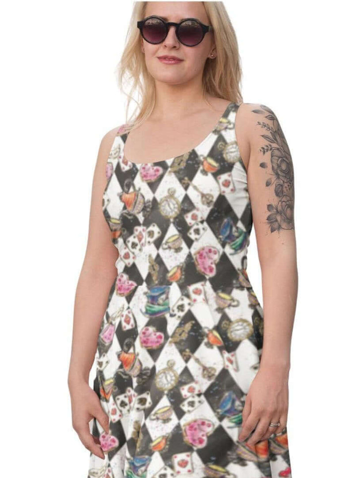 Alice in Wonderland Knee Length Skater Dress With Pockets