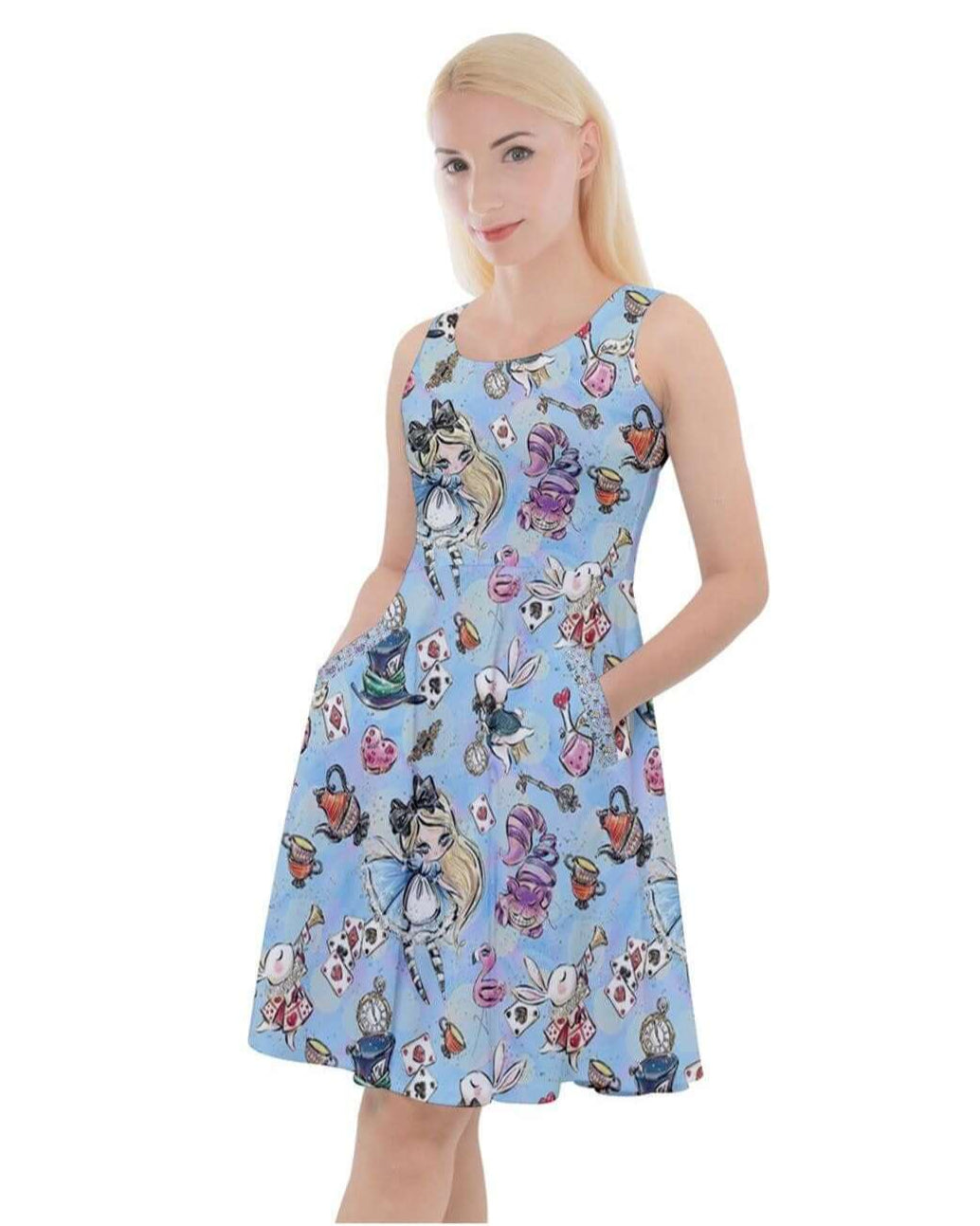 Alice in Wonderland Knee Length Skater Dress With Pockets