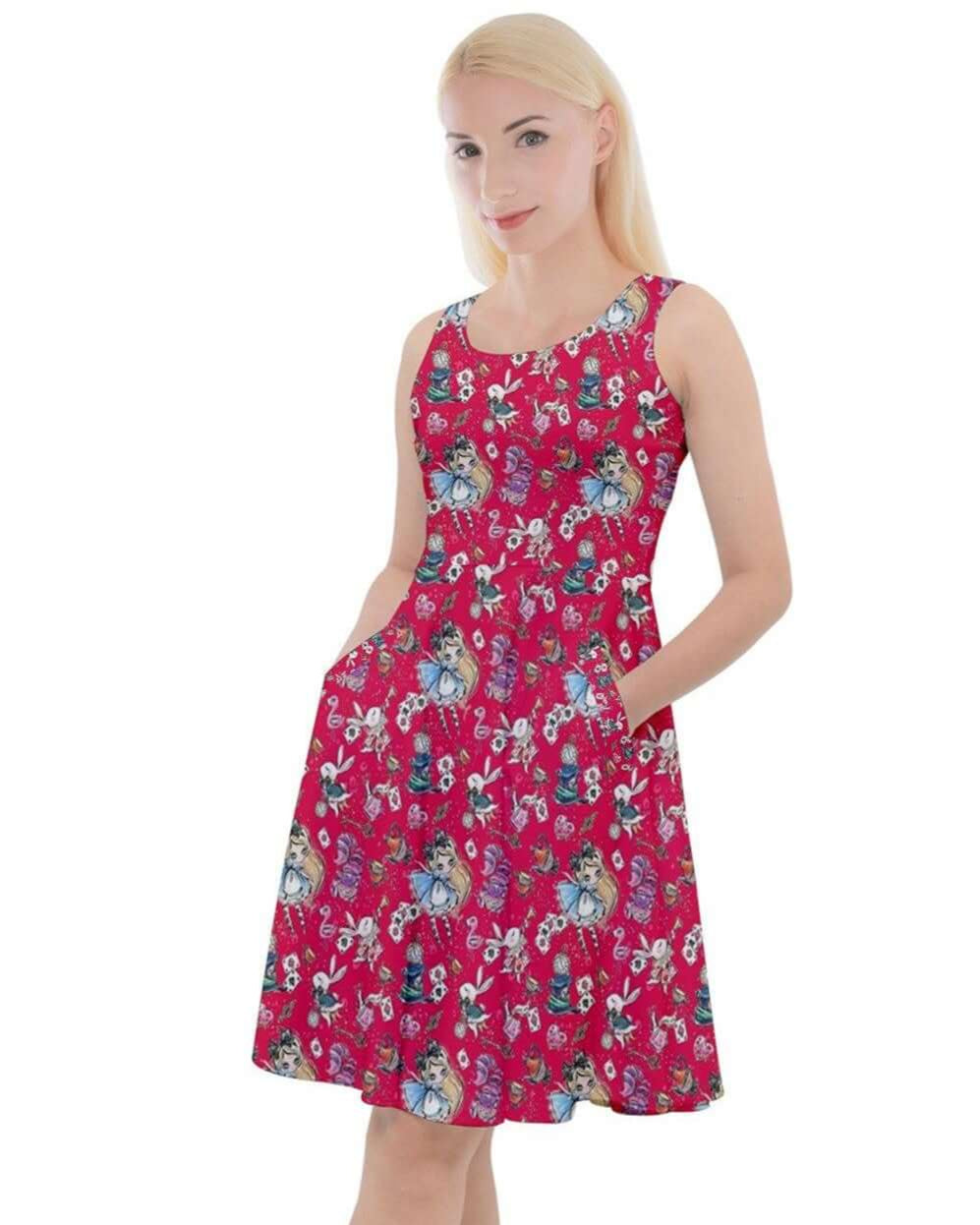 Alice in Wonderland Knee Length Skater Dress With Pockets