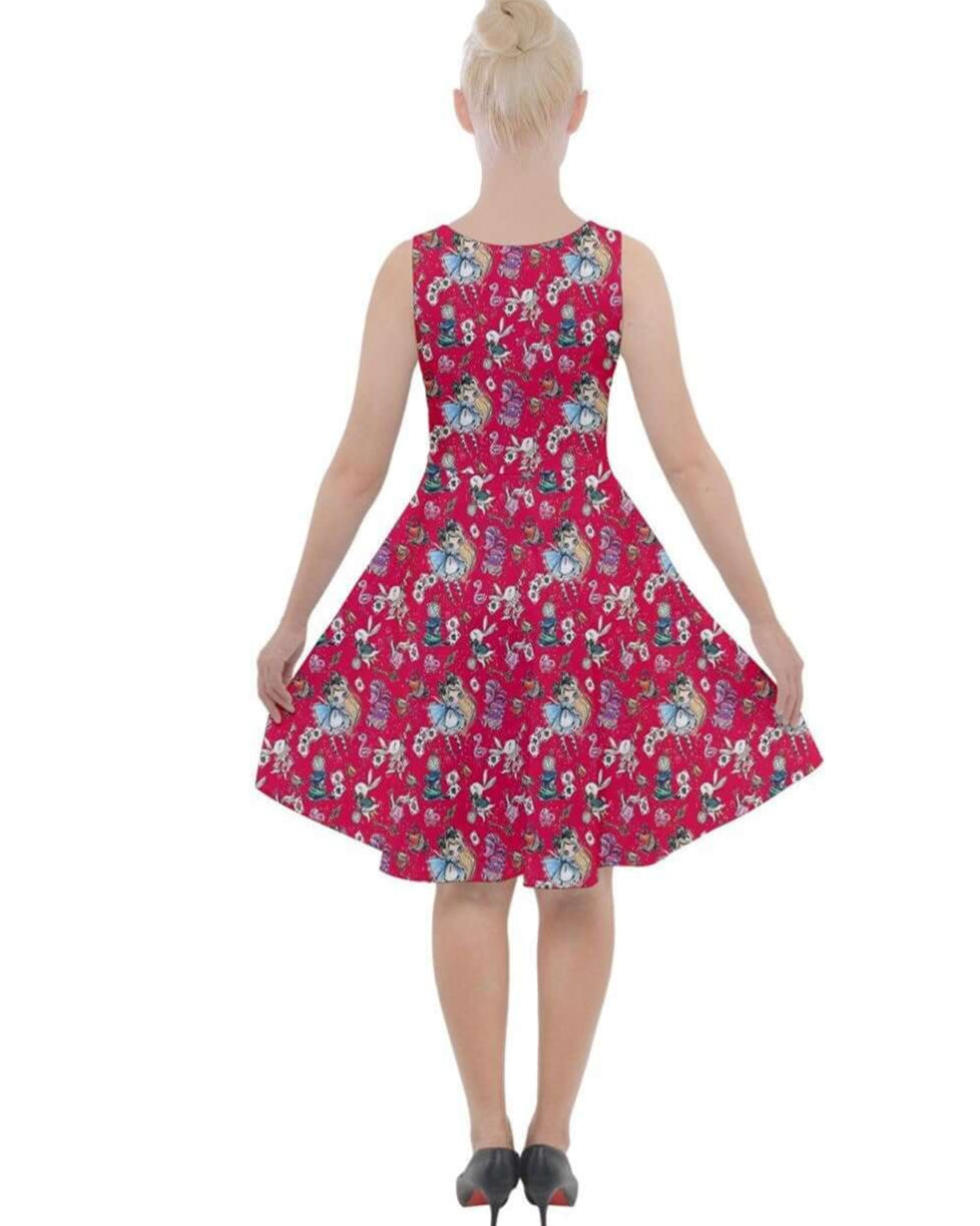 Alice in Wonderland Knee Length Skater Dress With Pockets