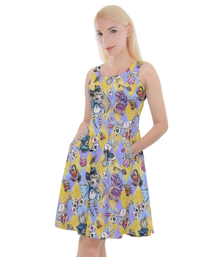 Alice in Wonderland Knee Length Skater Dress With Pockets