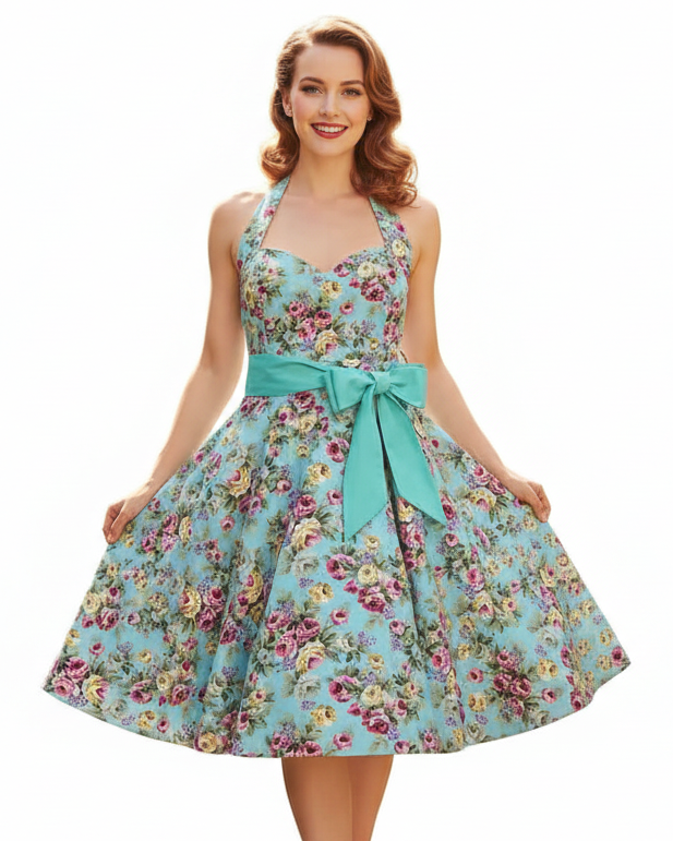 Vintage-style women’s halter dress with teal floral rose print, fit and flare silhouette and wide bow sash at the waist
