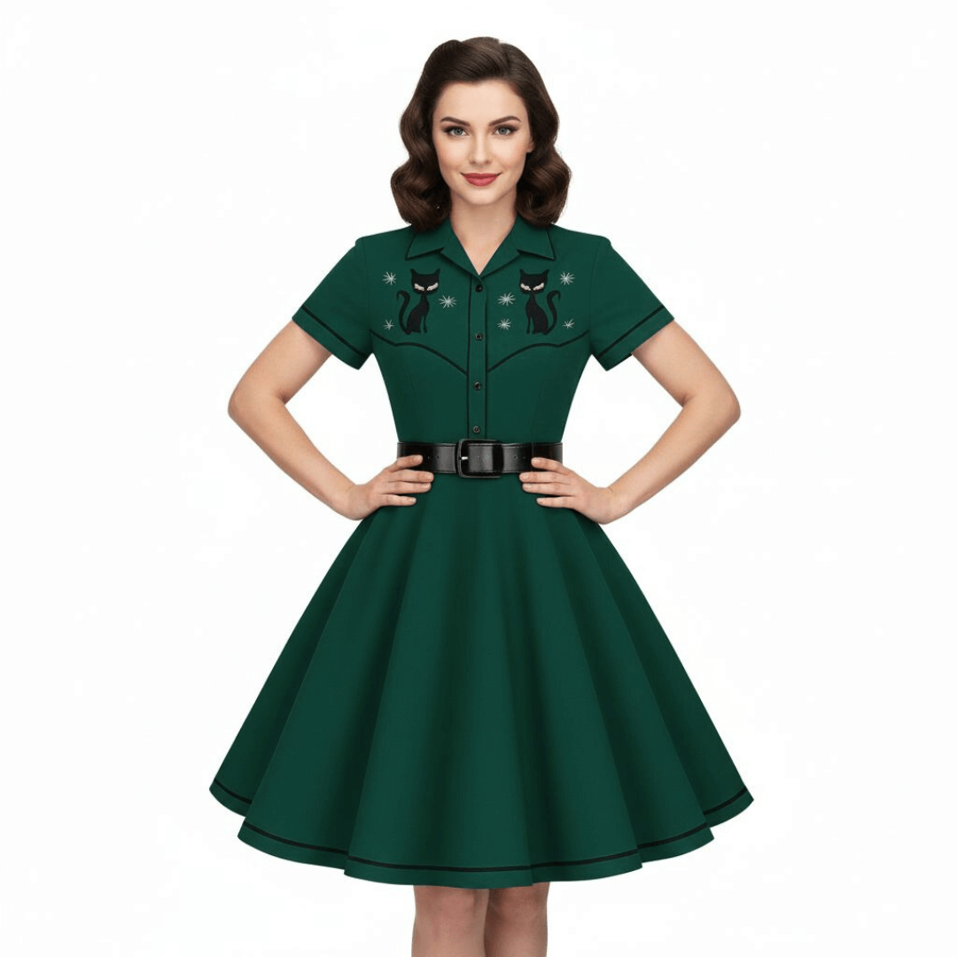 Atomic Kitty Full Circle Skirt in green with cat embroidery, featuring a vintage 1950s style and a flared design.