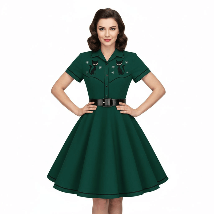 Atomic Kitty Full Circle Skirt in green with cat embroidery, featuring a vintage 1950s style and a flared design.