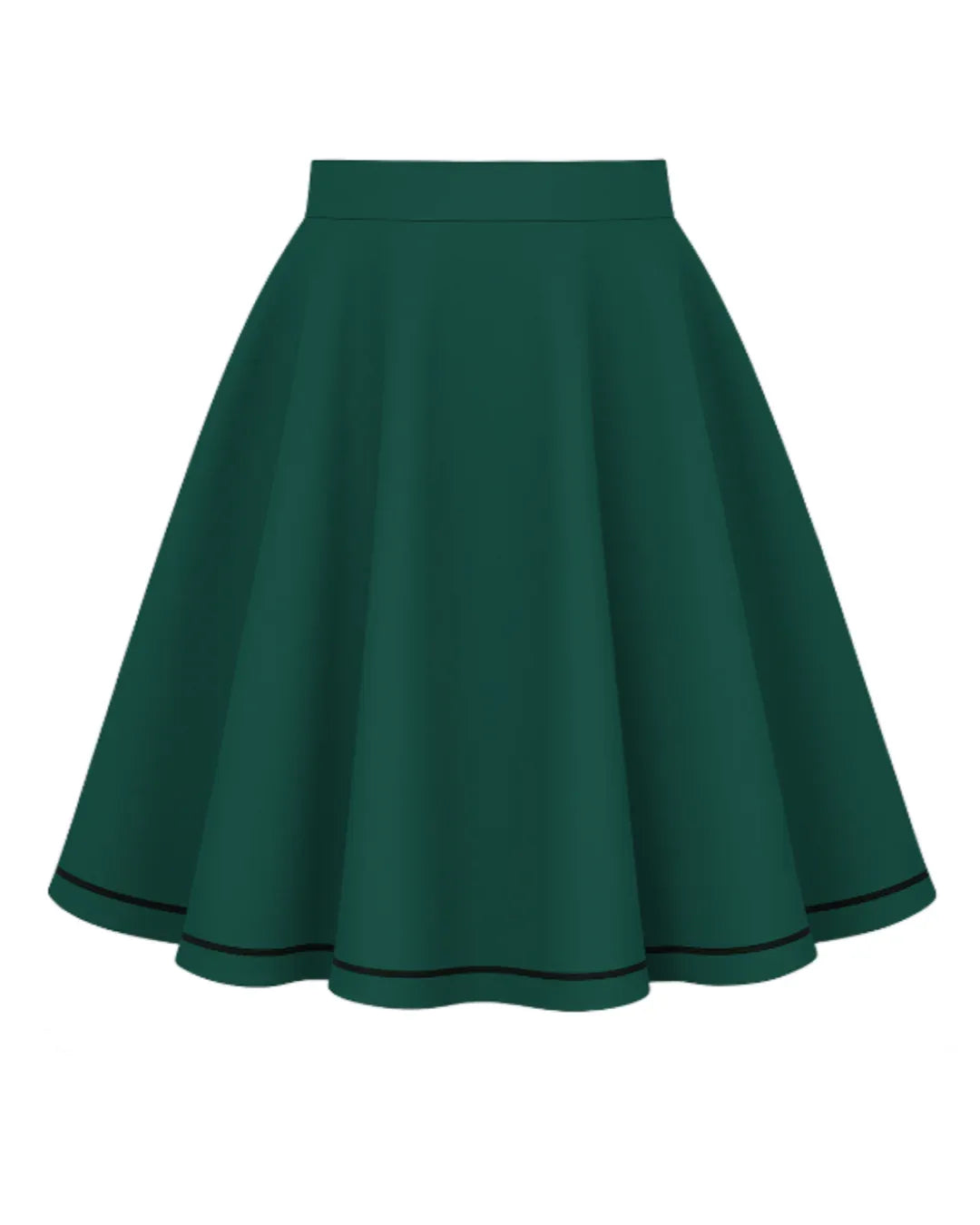 Atomic Kitty Full Circle Skirt in green with a wide flared design and contrasting black trim.