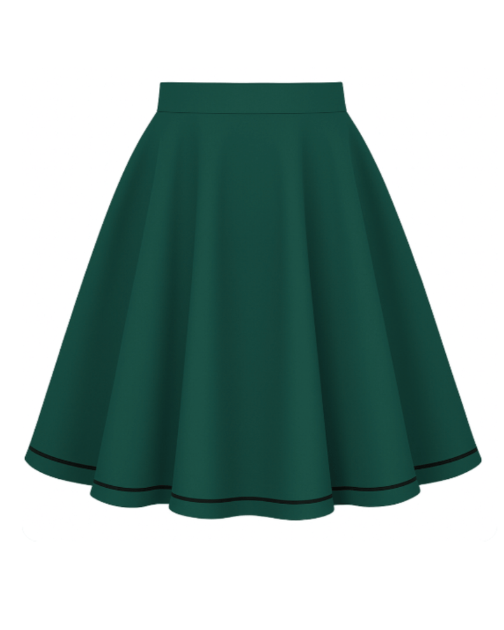 Atomic Kitty Full Circle Skirt in green with a wide flared design and contrasting black trim.
