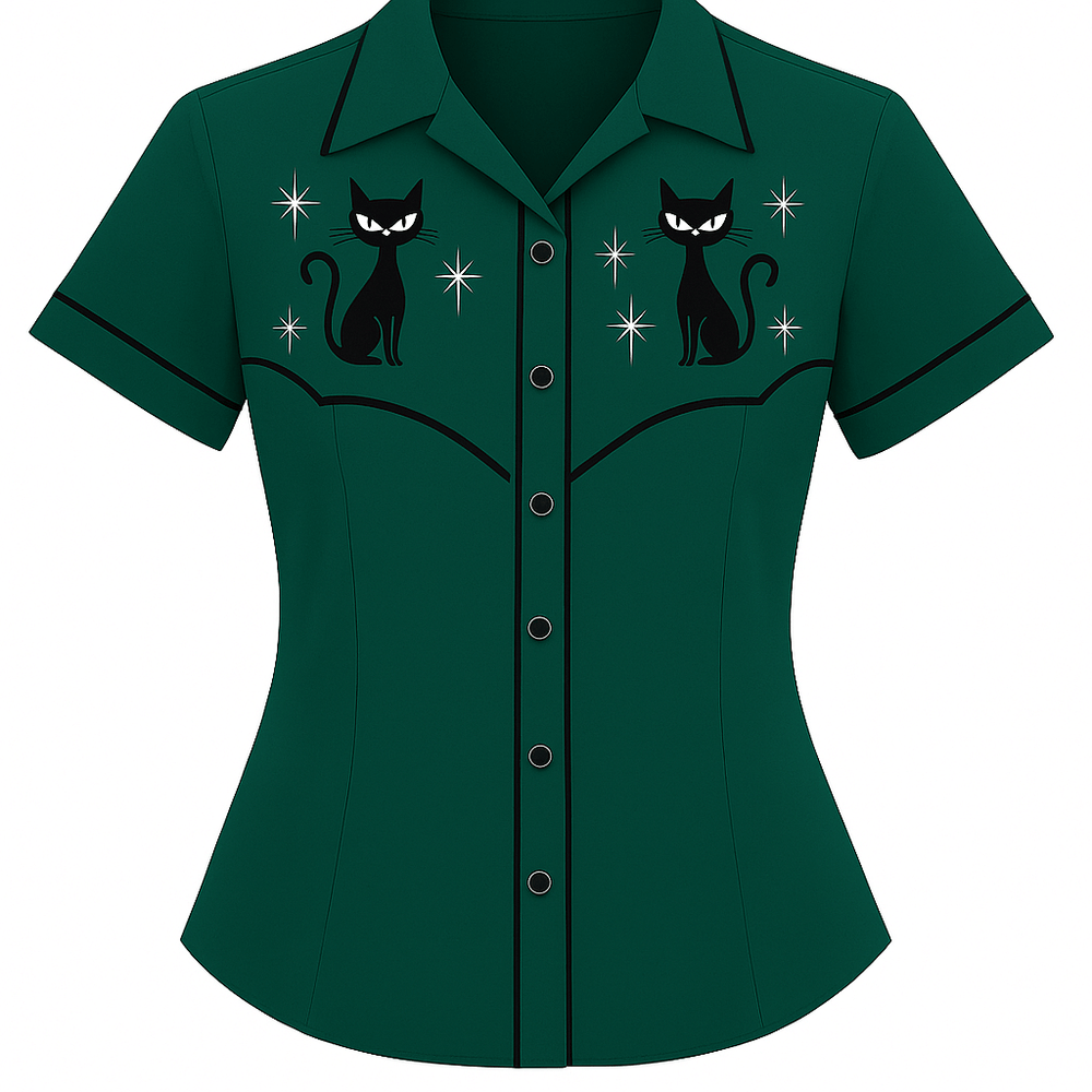 Atomic Kitty Retro Diner Top with black cat motifs and bold black piping design, perfect for vintage outfit.