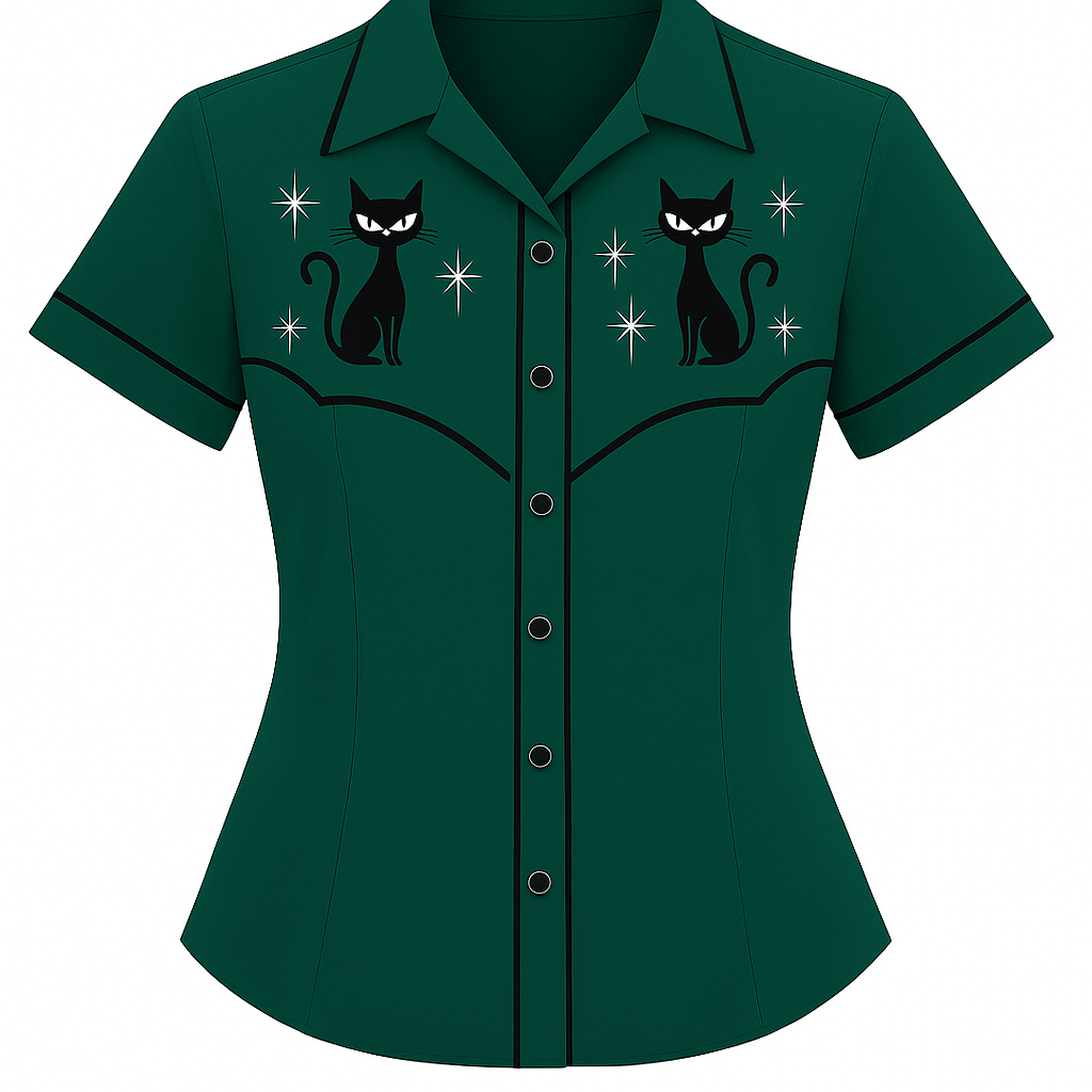 Atomic Kitty Retro Diner Top with black cat motifs and bold black piping design, perfect for vintage outfit.