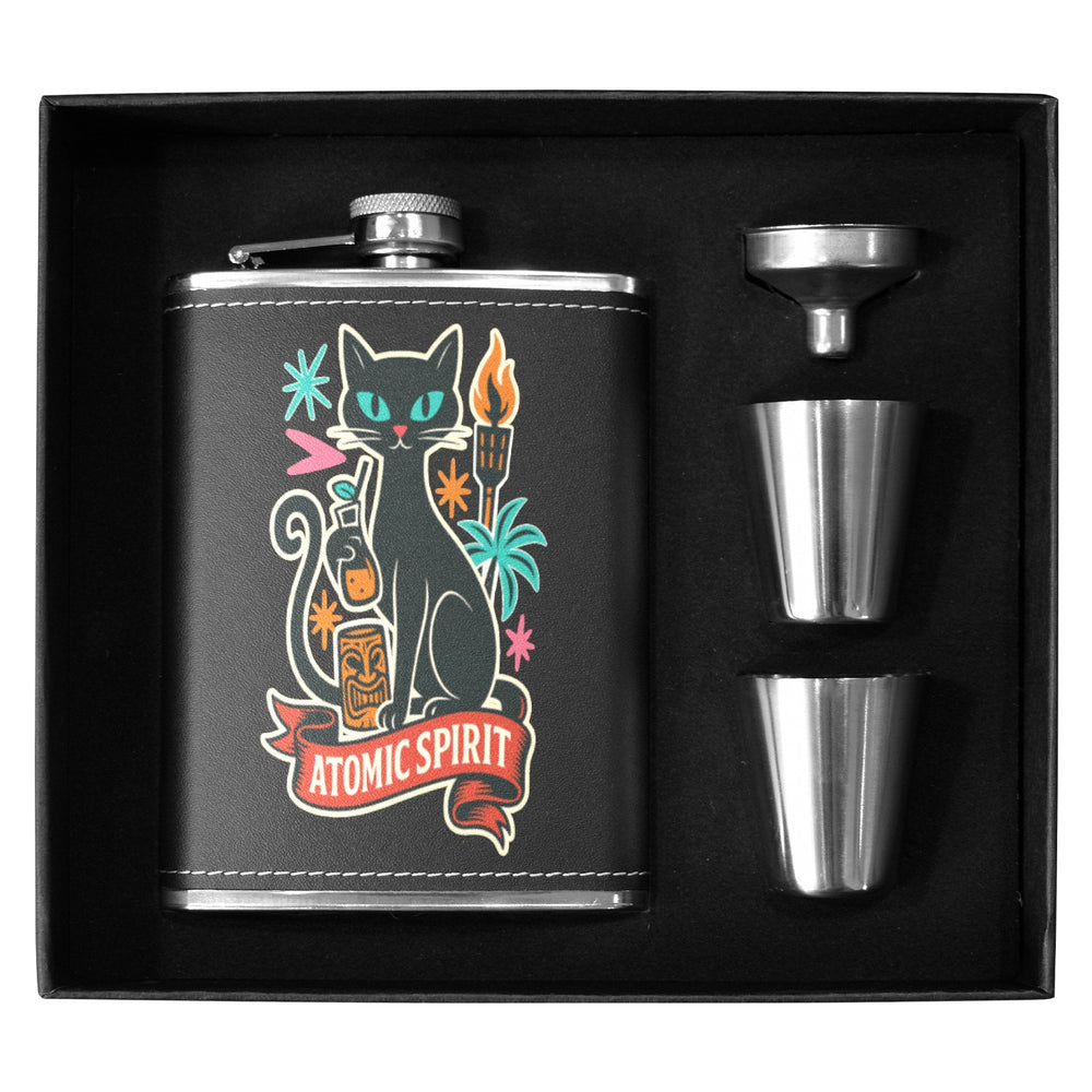 Atomic Spirit 8 oz black hip flask set with two shot glasses, featuring a playful cat design, perfect for stylish drinking in Australia.