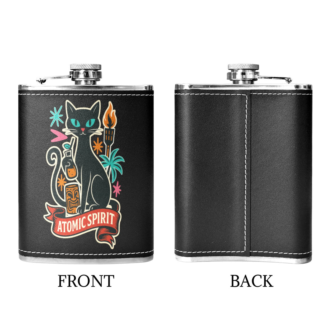 Atomic Spirit 8 oz black hip flask featuring a colorful retro cat design, showcasing front and back views.