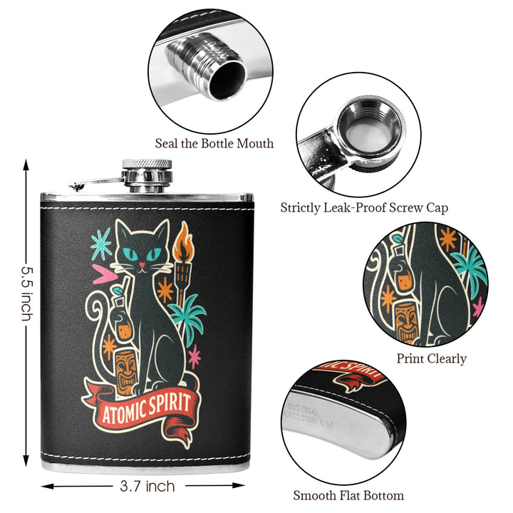 Atomic Spirit 8 oz Black Hip Flask with leak-proof cap and smooth flat bottom, featuring a retro cat design.