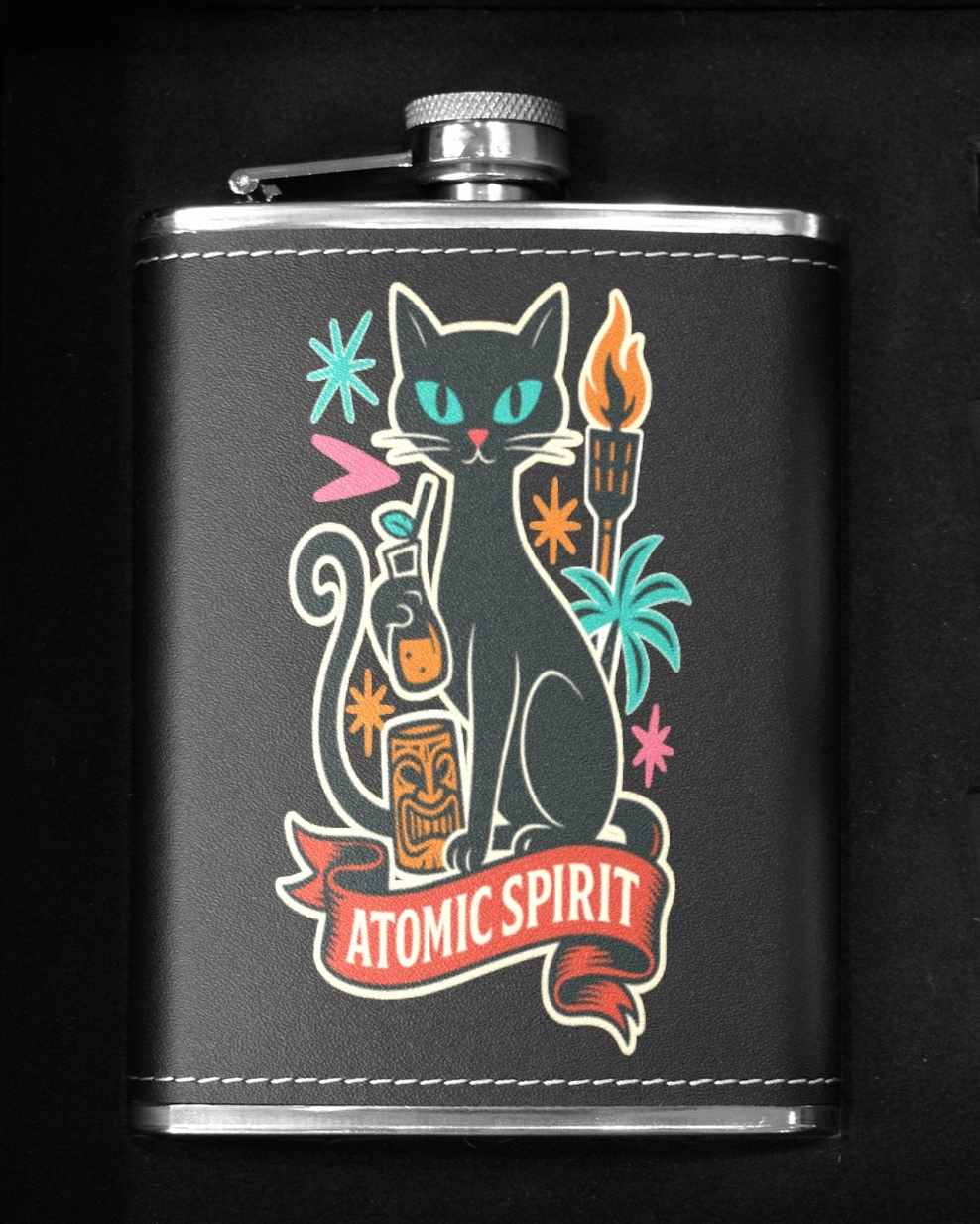 Atomic Spirit 8 oz black hip flask featuring a retro cat design and playful graphics, perfect for stylish drinkware.