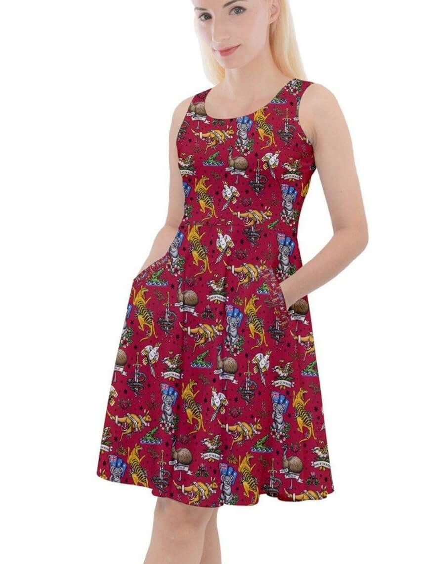 Aussie Fauna Knee Length Skater Dress With Pockets