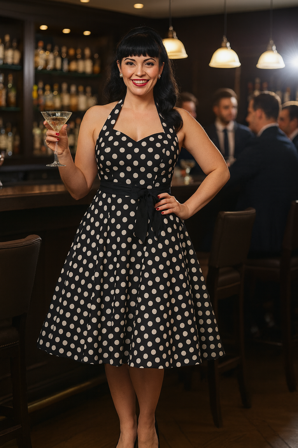 Woman in a black and white polka dot dress holding a martini glass in a bar setting.
