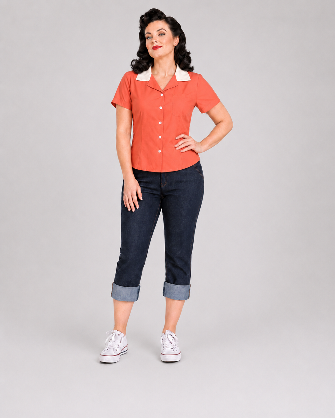 Peggy Sue Retro Contrast Collar Cotton Shirt